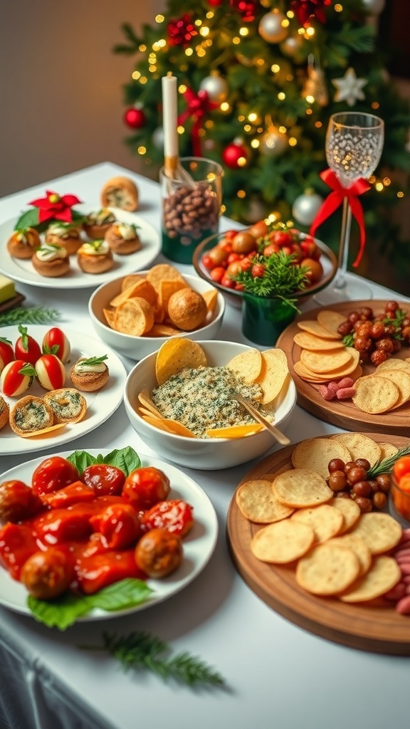A festive Christmas Eve appetizer spread including stuffed mushrooms, caprese skewers, spinach artichoke dip, mini meatballs, and a cheese and charcuterie board.